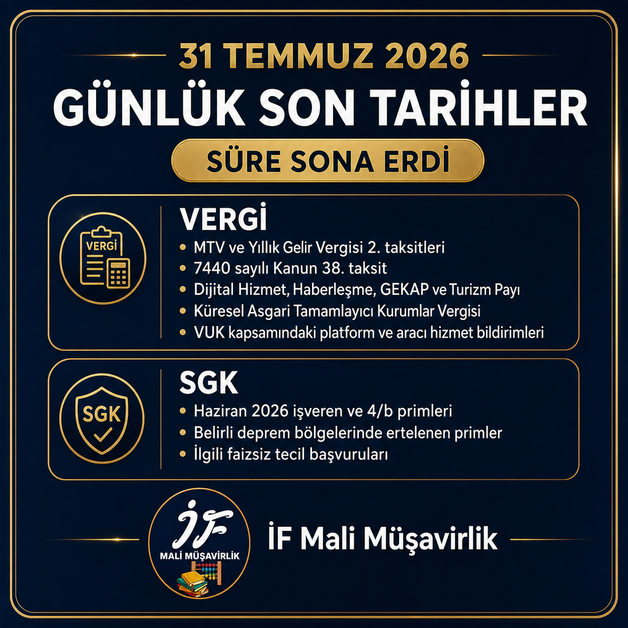 31 Temmuz 2026 vergi ve SGK günlük son tarihler özeti